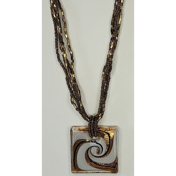 Art Glass Pendant on Multi Strand Shiny Seed Bead Necklace Bronze Gold Colors - Picture 2 of 3